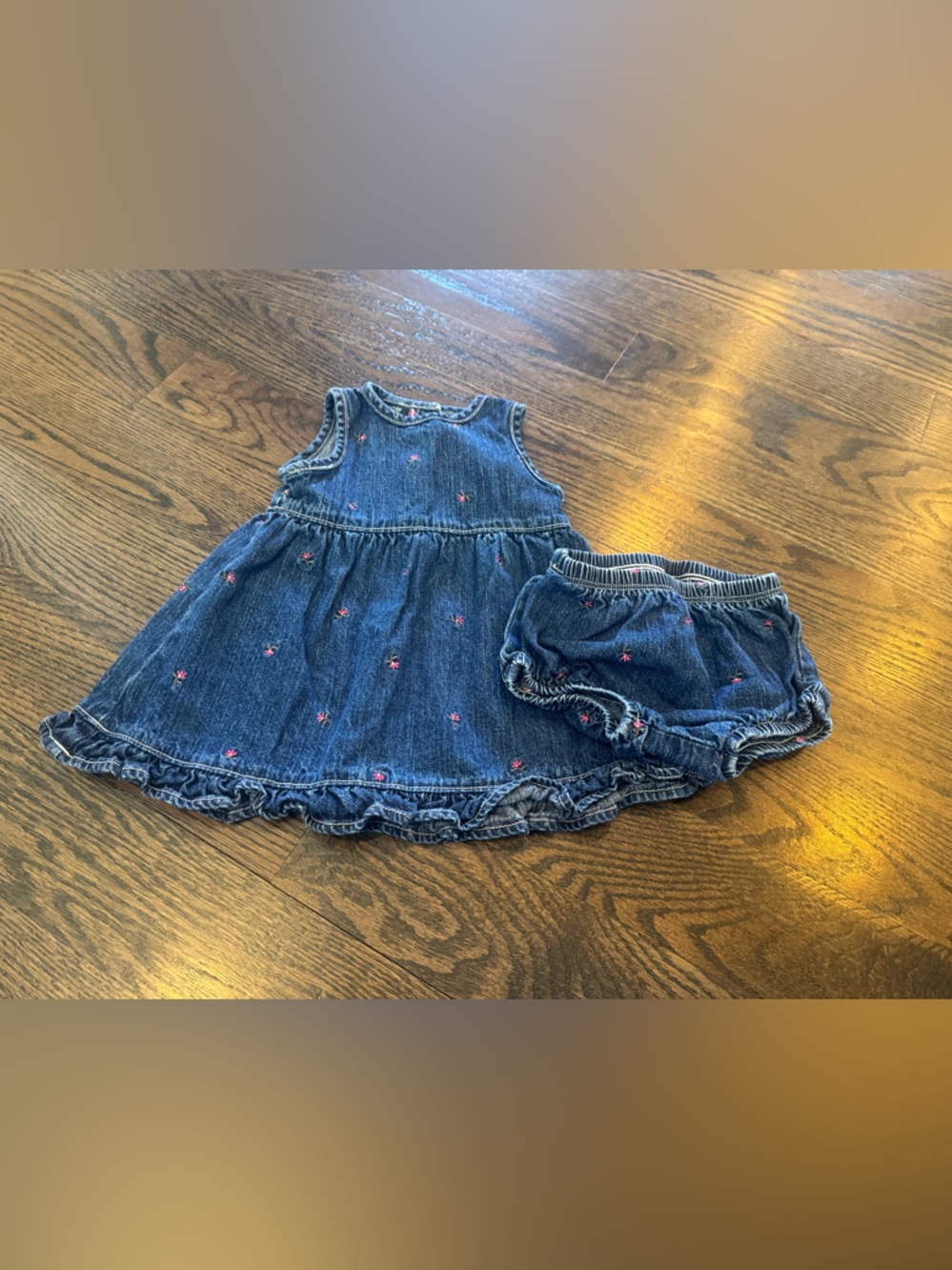 OshKosh B'gosh Dark Blue Denim Dress with Pink Flower Embroidery and Bloomer